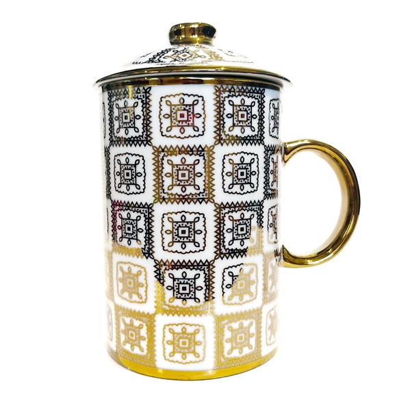 Hungarian Smakfest Gold Painted White Mug with Lid Coffee Tea Square Checkered - Picture 3 of 8